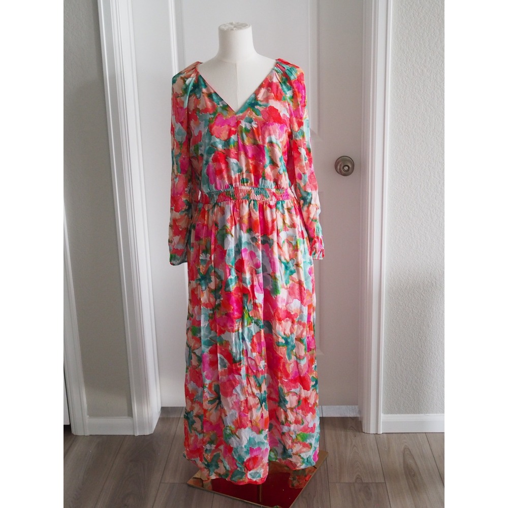 Soft Surroundings Watercolor Floral Pink Maxi Dress Boho PM Long Sleeve V-Neck - Picture 5 of 13